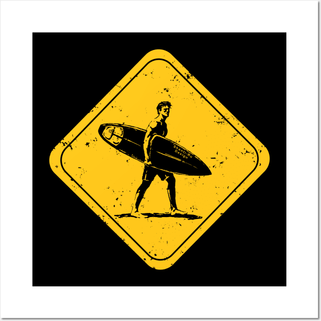 Surfer crossing distressed graphic surf art Wall Art by Shanti-Ru Design